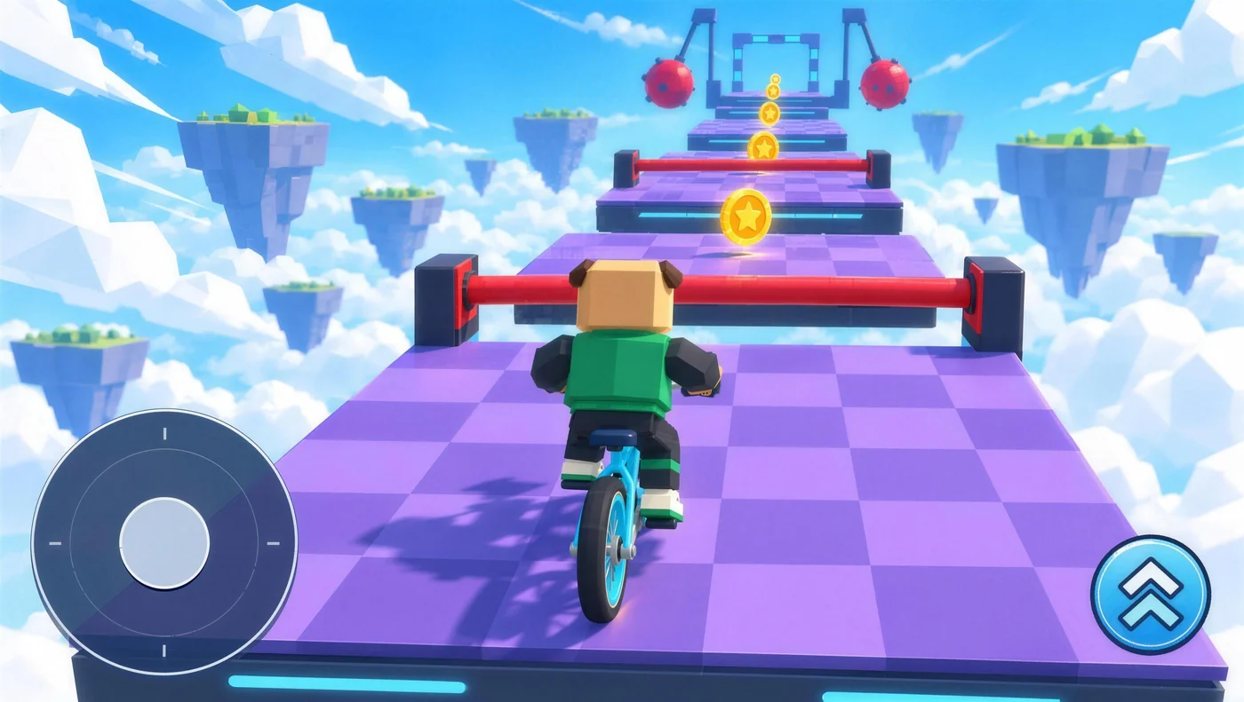 Joystick ve zıplama düğmesi görünen parkurda bisiklet süren Puggy